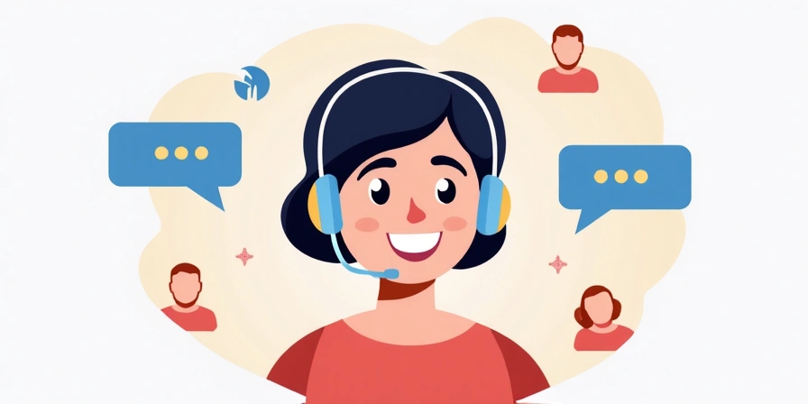 Illustration of a customer service representative answering a phone call with a headset and a friendly smile, surrounded by speech bubbles and communication icons.